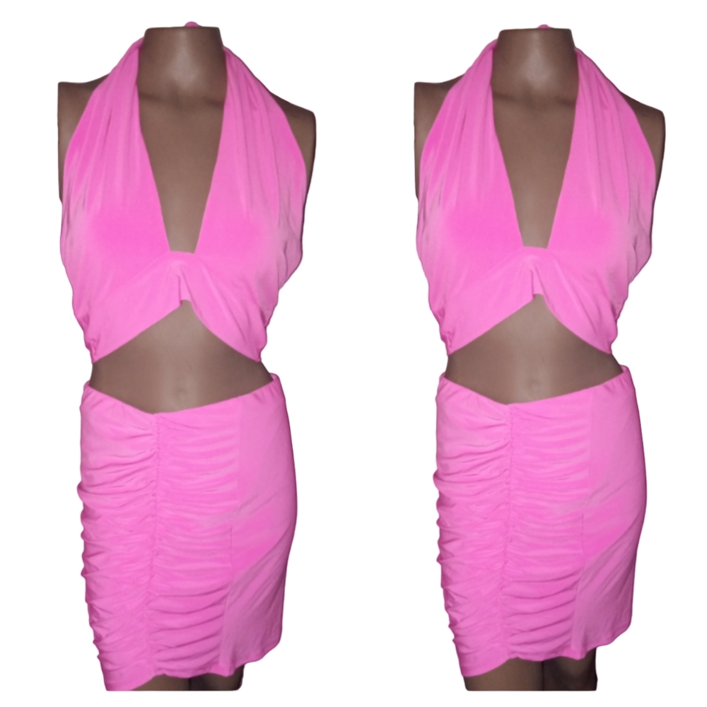 2 pc. Hot pink body con halter top scrunched mini stretch skirt set